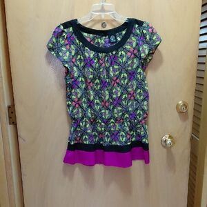 bobeau Black Printed Peplum Top with Pink Hem
